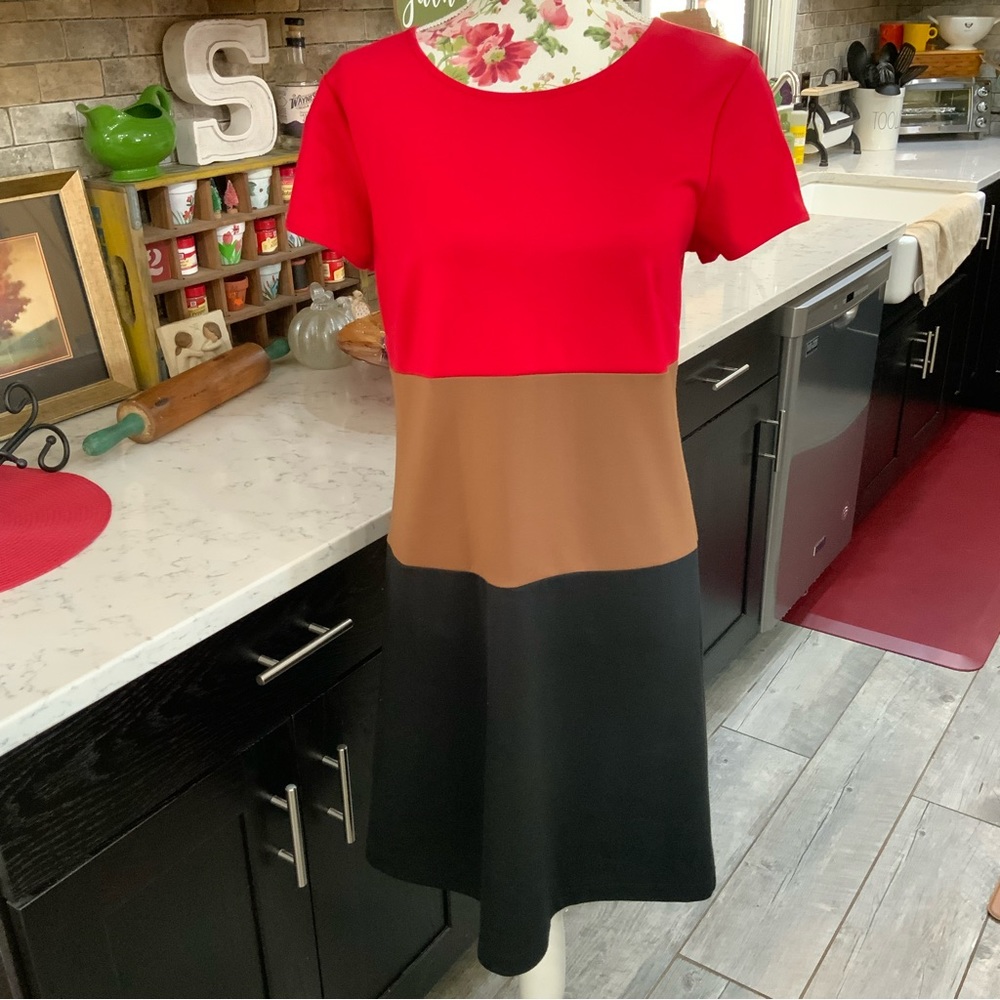 Ann Taylor Loft Color Block Sheath Knit Dress 
Red Brown Black Cap Sleeve Size 8